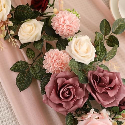 2Pcs Garisey 5FT Dusty Rose Artificial Flower Garland Blush Rose Floral Garland Arch Rose Vine for Wedding Ceremony Party Backdrop Decor Arch Flowers Mantel Table Centerpieces Decorations, Burgundy - Image 6