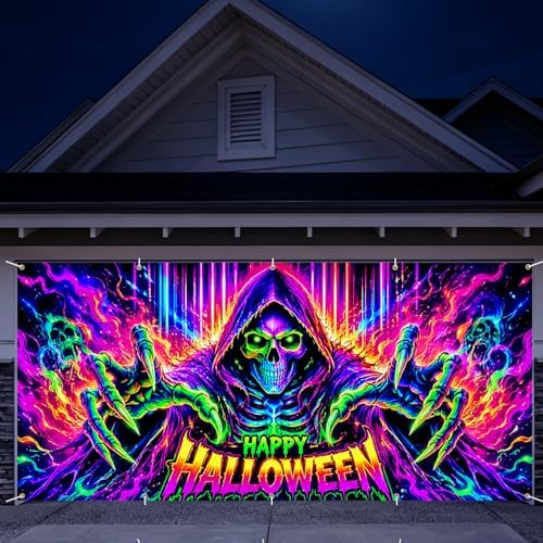 7 x 16 ft Neon Skull Blacklight Halloween Garage Door Decorations Halloween decorations Witch Door Cover, Hanging Banner Cauldron Backdrop Mural for Home by THISFIND