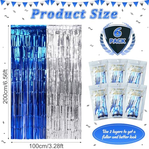 6Pack 3.3Ft x 6.6Ft Graduation Foil Fringe Curtain Backdrop Decorations, Blue Silver Metallic Tinsel Foil Streamers Curtain Photo Booth Background for Graduation Prom Wedding Birthday Party Decoration - Image 3