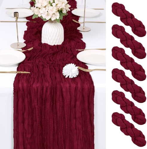 6 Pack Burgundy Cheesecloth Table Runner 17x108 Inch Semi Sheer Boho Gauze Cheese Cloth Fabric Table Runners Table Decor for Wedding Party Baby Shower Birthday Home Decor Garden Farmhouse by Unknown