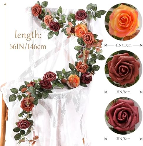 2Pcs Garisey 5FT Terracotta Artificial Flower Garland Fall Floral Garland Burnt Orange Arch Rose Vine for Wedding Ceremony Party Backdrop Decor Arch Flowers Mantel Table Centerpieces Decorations - Image 6