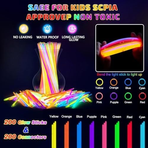 HONLYNE 200 Pack Glow Sticks Party Favors Bulk, 8" Glow in the Dark Party Supplies, Party Favors for Kids 8-12, Neon Glow Stick Bracelets & Necklaces for Raves, Halloween, Christmas, Birthdays - Image 6