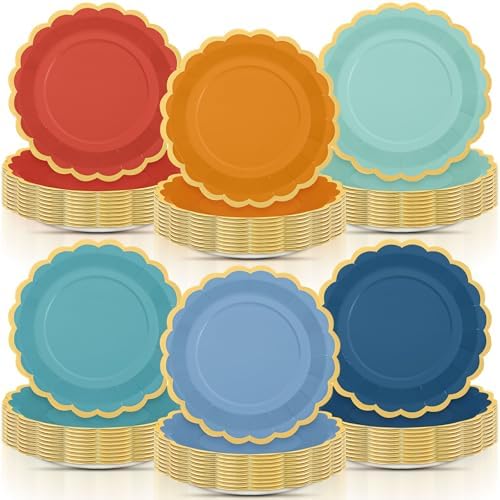 96 Pcs Blue and Orange Paper Plates 9 Inch Gradient Scalloped Paper Plates Disposable Dinner Dessert for Birthday Wedding Bridal Party Supplies, 6 Colors by Tiangrid