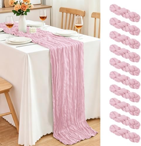 10 Pack Light Pink Cheesecloth Table Runner, 17x108 Inch Semi Sheer Boho Gauze Cheese Cloth Fabric Table Runners for Wedding Party Baby Shower Birthday Garden Farmhouse Table Decor by Yemosa