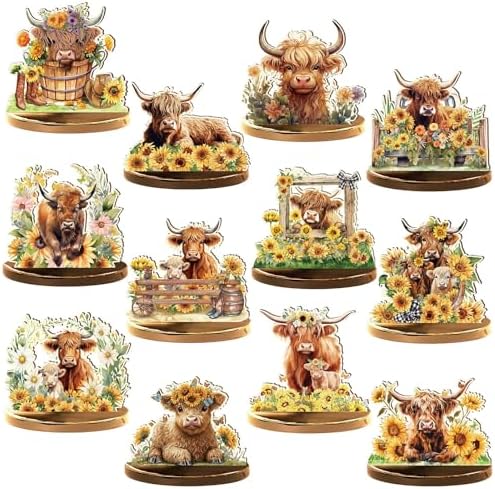 Wesiti 12 Pcs Highland Cow Table Decoration Wooden Highland Cow Centerpiece by Wesiti