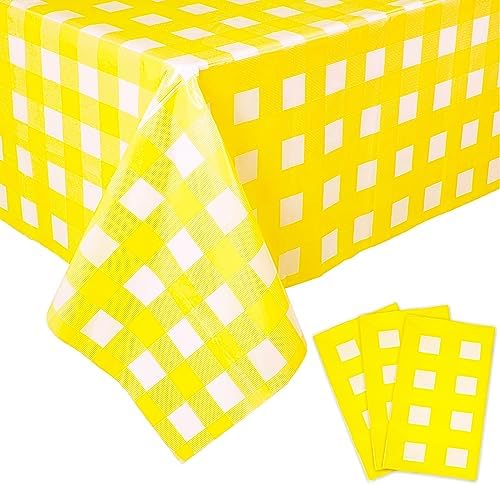 Kesfey 3 Packs Yellow Gingham Tablecloth 54 x 108 Inches Yellow and White Checkered Table Cloths Disposable Plastic Gingham Tablecovers Waterproof Rectangle Picnic Plaid Table Cover for Camping Party by kesfeyhigh-qualitygoods