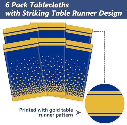 LANLISA Blue and Gold Tablecloth Graduation Decorations 2025 6 Pack, Disposable Plastic Table Cloths for Birthday Masquerade Retirement Party Decor - Image 4