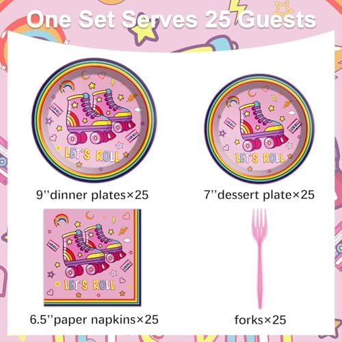 Qyeahkj 100 Pcs Roller Skating Party Plates and Napkins Set Pink Roller Skate Birthday Decorations Supplies Tableware Roll Skating Themed Party Favors for Girls Birthday Decorations Serves 25 - Image 2