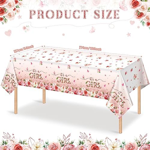 3 Pack Floral Baby Shower Tablecloth Decorations, It's a Girl Baby Shower Decorations, Pink Flower Gender Reveal Decorations for Girl, Plastic Disposable Baby Girls Table Cloth Party Decorations - Image 2
