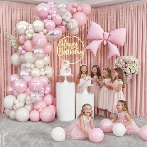 Double Stuffed Pearl White and Pink Balloon Arch Garland Kit, Pearl White Beige with Pink Bow Foil Balloons for Girls Women Wedding Bridal Baby Shower Bachelorette Coquette Birthday Party Decorations - Image 3