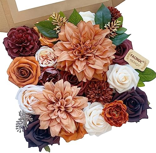 FACINOC Roses Artificial Flowers Orange Bouquet Fake Flower Dahlia Box Set by FACINOC