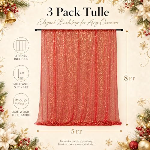 Bupelo Red Tulle Backdrop Curtains with Gold Foil 15x8ft Sheer Curtain - Image 2
