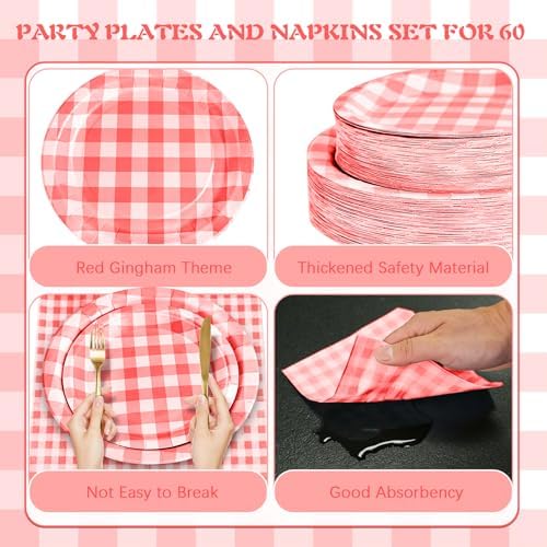 180Pcs Red Gingham Party Supplies Paper Plates and Napkins Serve 60 - Image 3