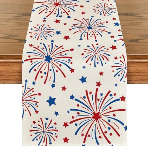 Artoid Mode Beige Fireworks Patriotic 210 GSM 4th of July Table Runner, Memorial Day Kitchen Dining Table Decoration for Home Party Decor 13x72 Inch by ArtoidMode
