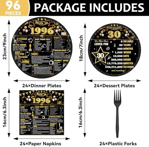 96Pcs 30th Birthday Plates and Napkins Back in 1996 Party Decorations Black Gold 30 Year Old Party Dessert Plates 1996 Birthday Tableware for 24 Guests 30th Theme Men Woman Bday Parties Supplies - Image 2