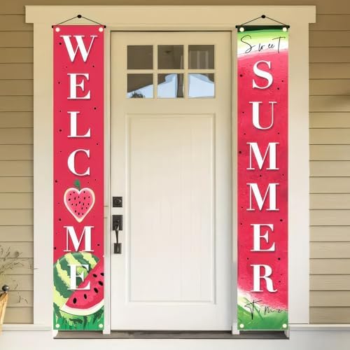 BlissYard 2pcs Welcome Summer Door Banner Watermelon Porch Banner Sign Sweet Fruit Time Front Door Hanging Decor Banners for Summer Home Hawaii Tropical Party Outdoor Decorations - Image 4