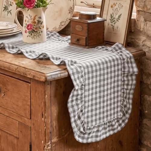 Artoid Mode Grey Farmhouse Plaid Gingham Ruffle Table Runner, Seasonal Scalloped Retro Kitchen Dining Table Decoration for Home Party Decor 13x72 Inch - Image 3