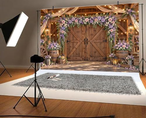 12x10ft Country Wedding Backdrop Purple Lavender Wisteria Flower Wooden Barn Door Western Photography Farmhouse Birthday Baby Shower Anniversary Bridal Party Banner Photo Booth Props Background - Image 3