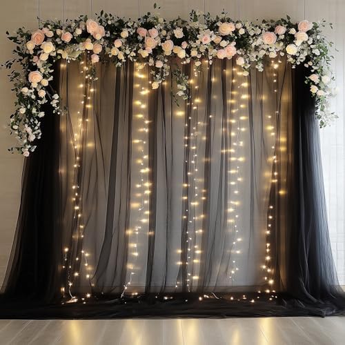 Tulle Backdrop Curtain with Lights 10x10FT Black Sheer Curtains by Xiomot