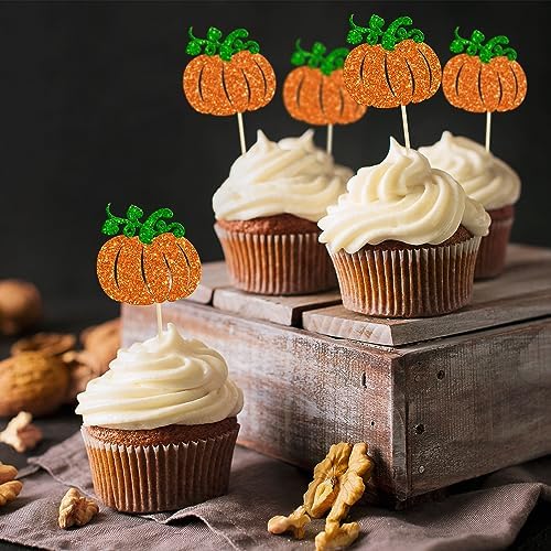 24Pcs Pumpkin Cupcake Toppers Glitter Fall Theme Cupcake Picks Pumpkin Themed Baby Shower Birthday Thanksgiving Halloween Party Cake Decorations Supplies Orange - Image 4