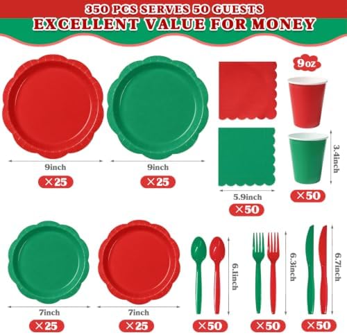 Red & Green 350-Piece Decagonal Paper Plates Party Set, Serves 50 - Image 4