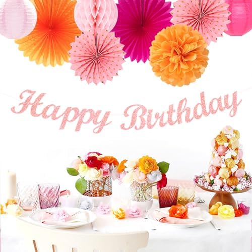 Hot-Pink Orange Fall Birthday Party-Decorations - 21pcs Autumn Women Peach Happy Banner,Girls Groovy Paper Streamers Lanterns Honeycomb,Tissue Flowers Pom Poms Fan, Boho Garland Room Decor - Image 7