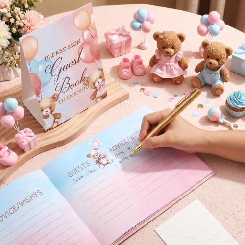 Fuyoooo 27 Pcs Gender Reveal Guest Book Set Blue Pink Bear with Gold Pen - Image 5