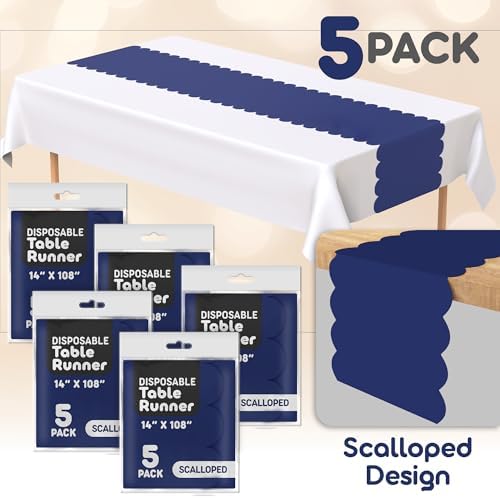 Navy Blue Scallop Table Runner, Disposable Plastic, 5 Pack, 14x108in - Image 2