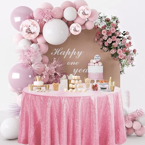 Pufogu 50" Round Pink Sequin Tablecloth Glitter Pink Table Cloths for Birthday Wedding Bridal Baby Shower Party Decorations - Image 2