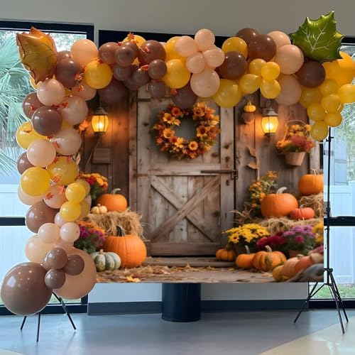 15x10ft Fall Backdrops for Photography Glitter Rustic Wooden Barn Door Fall Photo Backdrop Hay Bales Flowers Pumpkins Autumn Harvest Background Warm Thanksgiving Decorations - Image 6