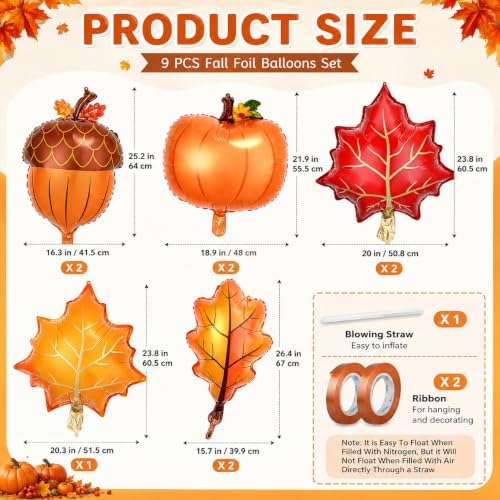 9PCS Fall Balloons, Thanksgiving Pumpkin Maple Leaf Pinecone Foil Set - Image 3