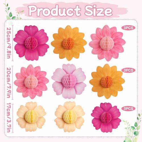 SUNBEAUTY Pink Orange Party Decorations, 9Pcs Paper Flowers Honeycomb Hanging Decor Tissue Flower Pom Poms for Girl Women Birthday Groovy Sunset Party Fall Bridal Shower Wedding Classroom - Image 3