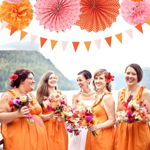 Pink-Orange Groovy Party-Decorations - 20pcs Fall Autumn Thanksgiving Harvest Paper Streamers Lanterns Fans,Tissue Pom Poms,Honeycomb Balls,Bunting,Birthday Baby Bridal Shower Wedding Decor Burgleda - Image 7