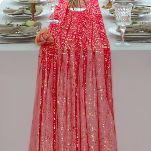 Snowkingdom 3Pcs 10Ft Red Gold Foil Gauze Sheer Table Runner by Snowkingdom