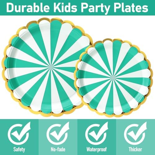 96PCS Green Party Paper Plates with Gold Scalloped Edge, Green Scalloped 9inch 7inch Dessert Paper Plates Party Supplies for Birthday Bridal Shower Picnic, Serve for 24 Guests, Striped - Image 4