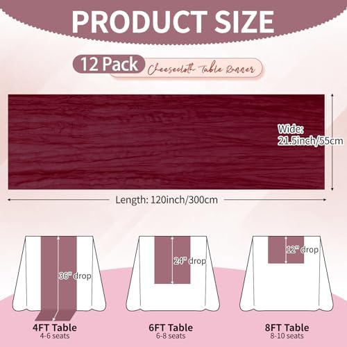 12 Pcs Burgundy Christmas Cheesecloth Table Runner 10Ft, Gauze Table Runners 21.5 x 120 inch,Semi Sheer Cheese Cloth Fabric Runner Bulk for Wedding,Party,Baby Shower,Bridal Shower - Image 3