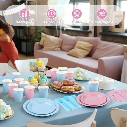 Kochorie 216 Pcs Gender Reveal Party Supplies Set, Pink and Blue Disposable Paper Tableware Set 7 inch & 9 inch Plates Cups Napkins Cutlery for Birthday Baby Shower Party Decorations, Serve 24 - Image 5