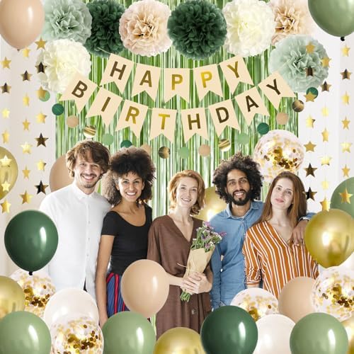 Sage Green Birthday Decorations Olive Green Happy Birthday Party Decorations Nude Retro Gold Balloon Banner Paper Pom Poms Greenery Neutral Rustic Décor Supplies Baby Girls Women - Image 4