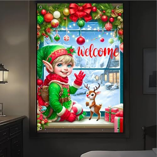 BlissYard Elf Reindeer Christmas Window Banner Fabric 31x47 Inch - Image 4