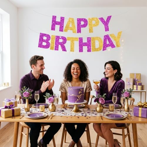 BEISHIDA Pre-Strung Purple Gold Happy Birthday Banner Party Sign Decoration - Image 5