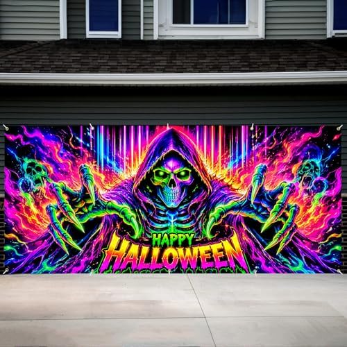 7 x 16 ft Neon Skull Blacklight Halloween Garage Door Decorations Halloween decorations Witch Door Cover, Hanging Banner Cauldron Backdrop Mural for Home - Image 6