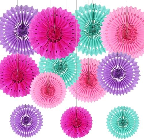 12PCS Hot Pink Purple and Pastel Blue Paper Fans Party Decorations,Hanging Ceiling Honeycomb Round Tissue Paper Fans for Girls Baby Shower Ocean Theme Under The Sea Birthday Party Decorations by CC+wonderland+zone