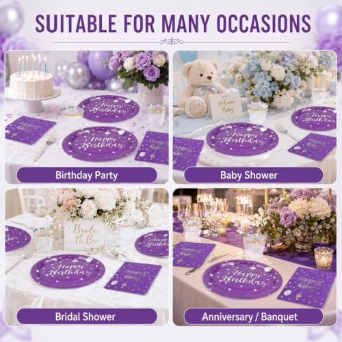 75PCS Happy Birthday Paper Plates and Napkins Set Purple&Sliver Plates - Image 5