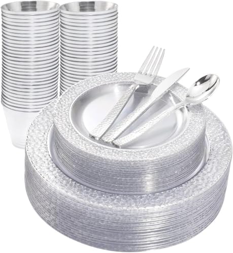 Ciaell 150PCS Clear Silver Plastic Plates - Silver Disposable Plates include 25Dinner Plate, 25Dessert Plate, 25Forks, 25Knives, 25Spoons, 25Cups for Weddings & Parties by Ciaell