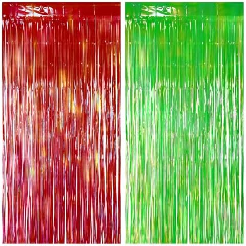 2 Pack Red & Green Party Decorations, 3.3 x 8.2 ft Fringe Backdrop by JustShimmer