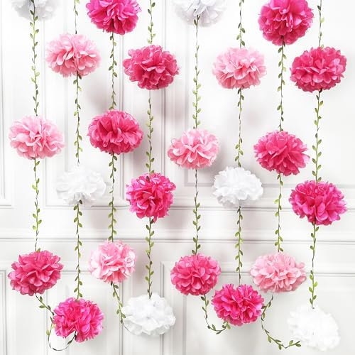 Hot Pink White Party Decorations Ombre Pink White Tissue Paper Flowers Pom Pom Leaf Ribbon Hanging Streamer Garland for Women Girls Birthday Bachelorette Wedding Shower Flamingo Party Supplies by pinkblume