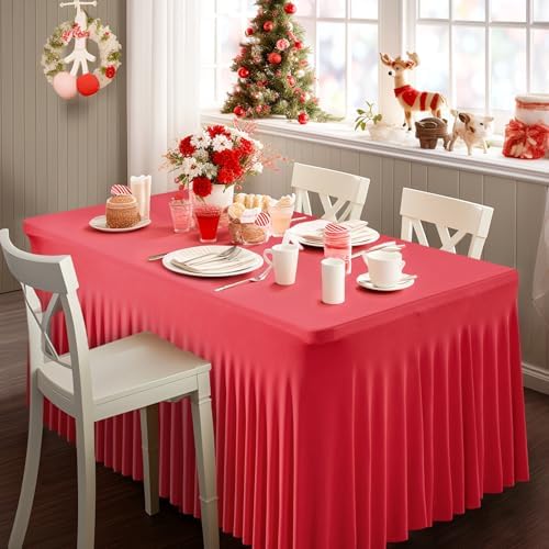 Wish Care 6 Pack Red Stretch Spandex Table Clothes for 4 Foot Rectangle Tables, 4FT Wrinkle Free Fitted Tablecloths Ruffles Design Table Cover for Party, Banquet, Wedding and Events - Image 3