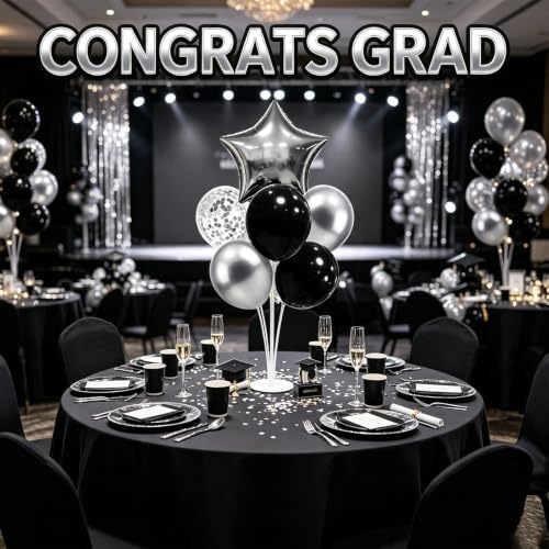 New Years Eve Party Supplies, 4 Set Black Silver Balloon Stand Kit - Image 4