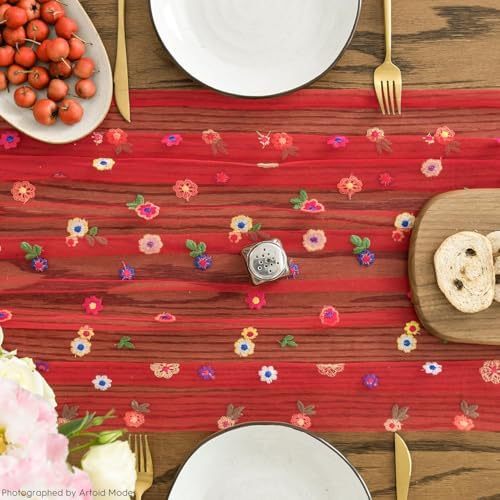 Artoid Mode Red Embroidery Daisy Gauze Table Runner 120 Inch 10FT - Image 4
