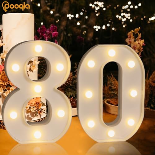 Pooqla Decorative LED Light Up Number Letters, White Plastic Marquee Number Lights Sign for 80th Birthday Party Wedding Decor, Battery Operated (80) - Image 2